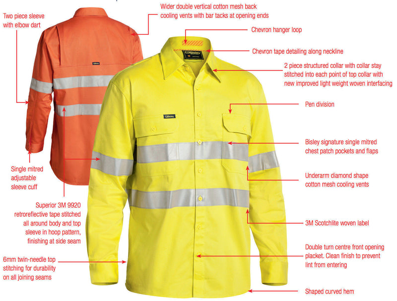 Load image into Gallery viewer, BISLEY 3M Taped Hi Vis Cool Vent Long Sleeve Industrial Shirt Workwear Cotton

