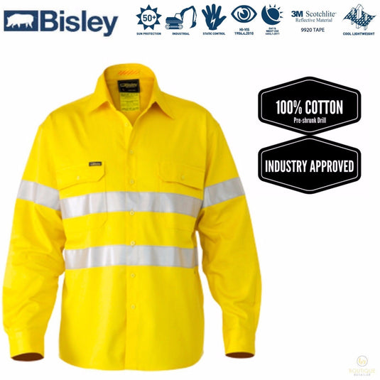 BISLEY 3M Taped Hi Vis Cool Vent Long Sleeve Industrial Shirt Workwear Cotton