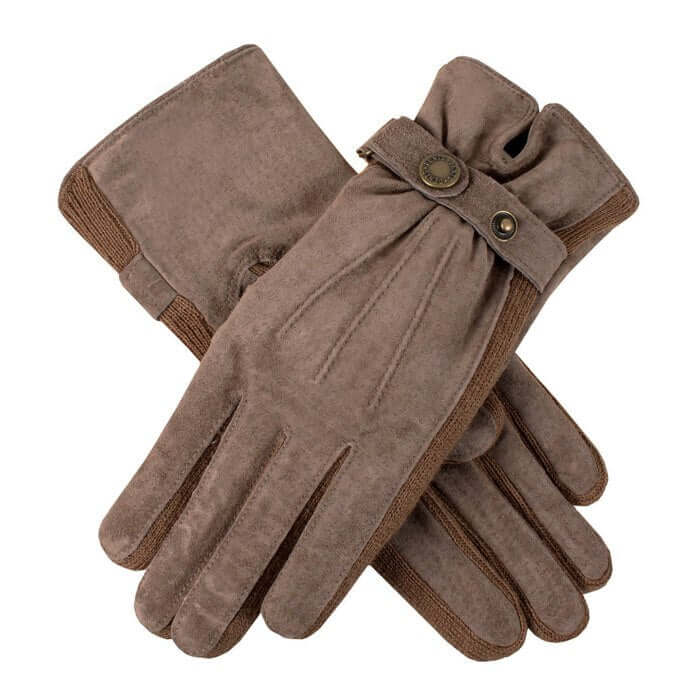 Load image into Gallery viewer, Dents Womens Suede 2_ Button Length Knitted Sidewalls Gloves - Oatmeal
