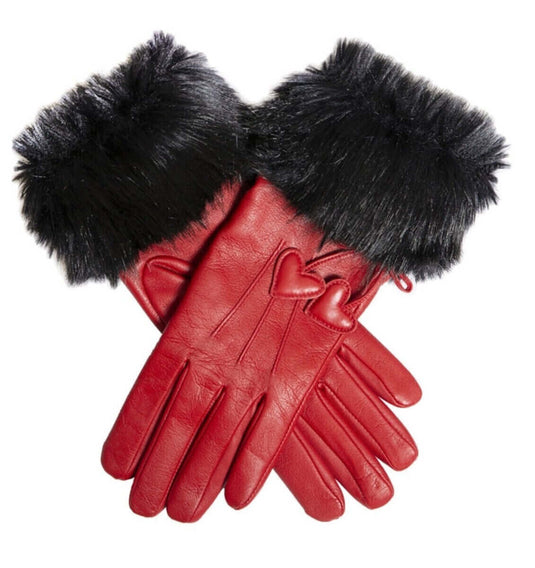 Dents Womens Wool Lined Leather Gloves with Hearts and Faux Fur Cuffs