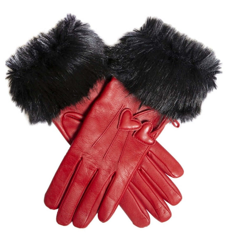 Load image into Gallery viewer, Dents Womens Wool Lined Leather Gloves with Hearts and Faux Fur Cuffs

