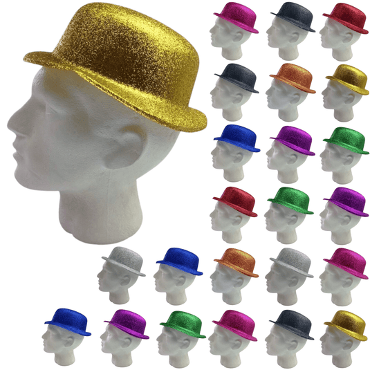 24 x GLITTER BOWLER HAT Fancy Party Plastic Costume Cap