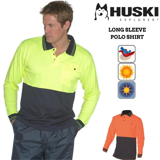 HUSKI Hi Vis Polo Shirt Long Sleeve Safety High Visibility Workwear Driver PPE