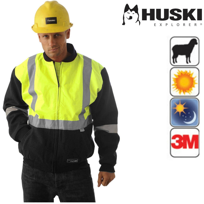 Load image into Gallery viewer, HUSKI Site Mens Hi Vis Wool Blend Bomber Jacket 3M Reflective Tape High Visibility
