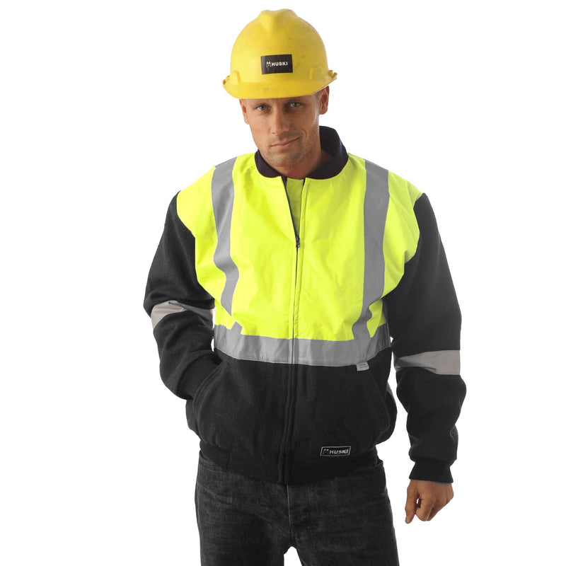 Load image into Gallery viewer, HUSKI Site Mens Hi Vis Wool Blend Bomber Jacket 3M Reflective Tape High Visibility
