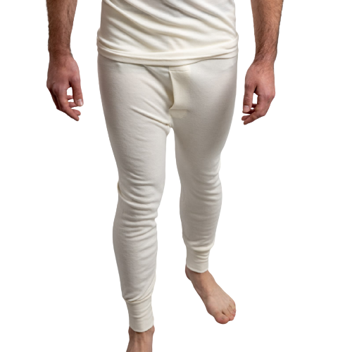 Man wearing Mens Merino Wool Blend Long Johns Thermal Pants Underwear Thermals Base Layer in natural color.