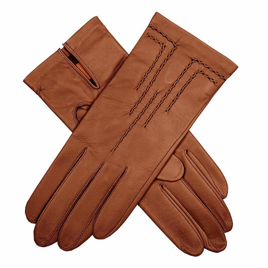 DENTS Womens Leather Gloves with Stitch Detail & Satin Lining Warm Winter - Cognac
