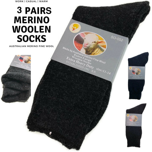 3 pairs of heavy duty Merino wool blend socks for work, casual, and outdoor use in packaging, black and dark gray colors, displayed in multiple angles