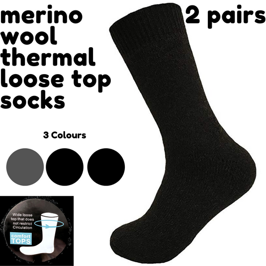 Merino wool mens loose top thermal socks for diabetic comfort and circulation in black, 2 pairs, 3 color options.