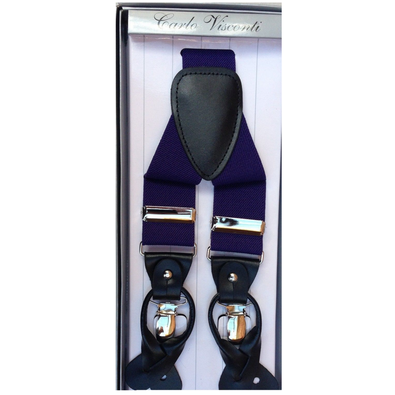 Load image into Gallery viewer, Mens Premium Convertible Suspenders Braces Clip On Elastic Y-Back Traditional Leather Tab - Dark Purple
