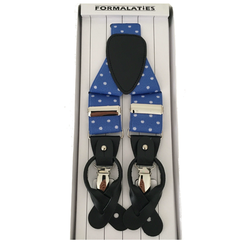 Load image into Gallery viewer, Mens Premium Convertible Suspenders Braces Clip On Elastic Y-Back Traditional Leather Tab - Polka Cyan/White
