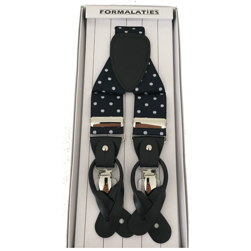 Load image into Gallery viewer, Mens Premium Convertible Suspenders Braces Clip On Elastic Y-Back Traditional Leather Tab - Polka Navy/White
