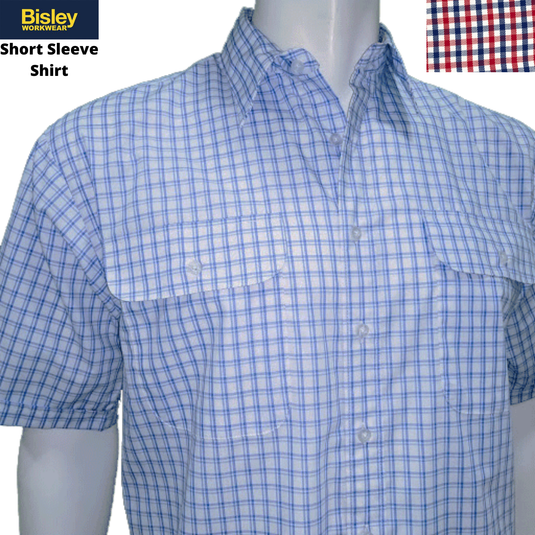 Bisley Mens Short Sleeve Check Shirt Checkered 100% Cotton Casual Business Work - Red