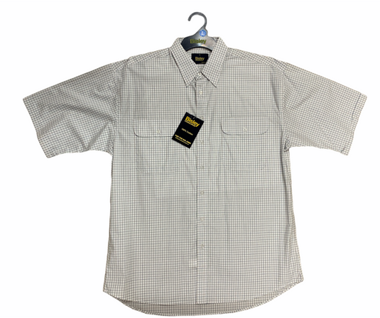 Bisley Mens Short Sleeve Check Shirt Checkered 100% Cotton Casual Business Work - White