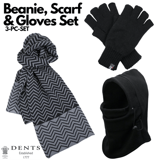 Dents 3pc Set Mens Black Thermal Windproof Beanie Hat Scarf Thinsulate Gloves | Adventureco