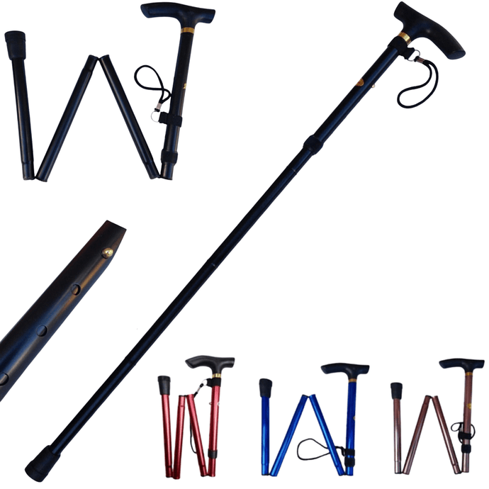 Adjustable Metal WALKING STICK Travel Cane Folding Pole Compact Retractable Hike