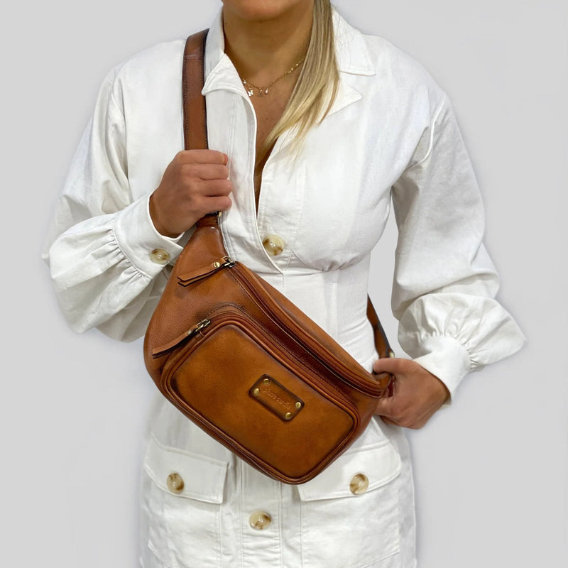 Load image into Gallery viewer, Pierre Cardin Women Sling Bum Bag Leather Crossbody Shoulder Travel Chest - Cognac
