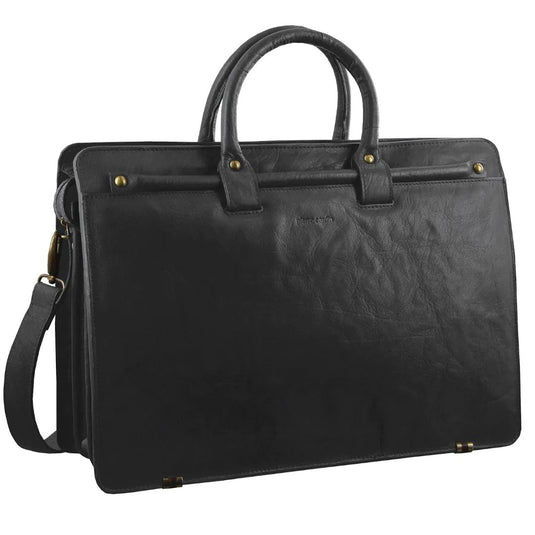Pierre Cardin Mens Rustic Leather Computer Laptop Shoulder Bag Handbag Briefcase - Black