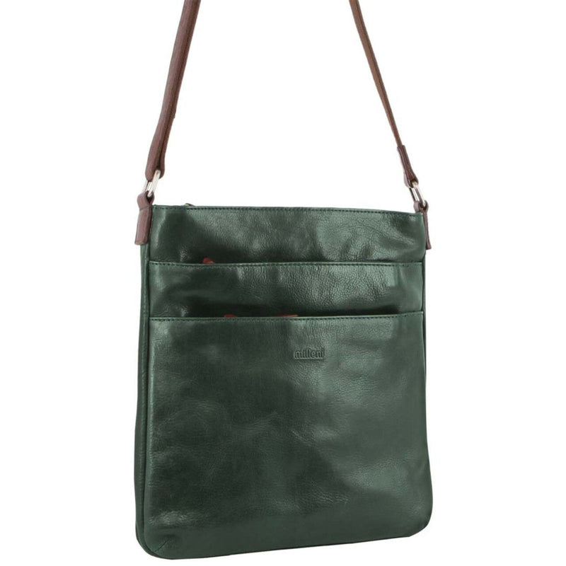 Load image into Gallery viewer, Milleni Ladies Nappa Leather Zip Closure Cross Body Bag Travel - Emerald/Chestnut
