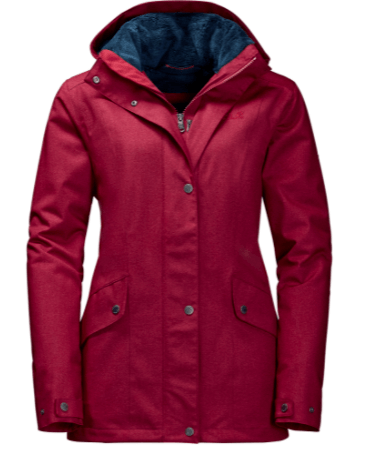 Jack Wolfskin Womens Park Avenue Rain Jacket Waterproof Windproof Coat w Hood - Dark Red - L | Adventureco