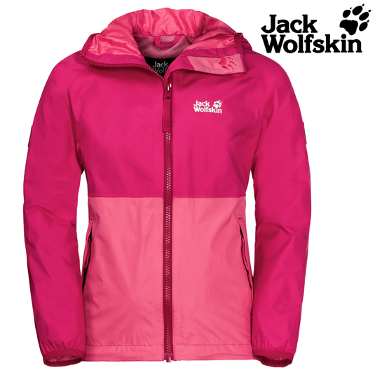Jack Wolfskin Rainy Day Girls Jacket Pockets High-vis Waterproof Hooded Zip Kids