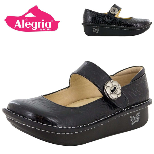 ALEGRIA Nursing Shoes Slip On Womens - Black Embossed Rose | Adventureco