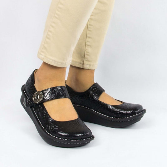 ALEGRIA Nursing Shoes Slip On Womens - Black Embossed Rose