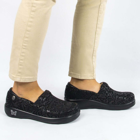 ALEGRIA Kelli Nursing Shoes Slip On Womens - Black Embossed Paisley