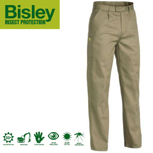 Bisley Mens Insect Protection Drill Work Pants Trousers - Khaki