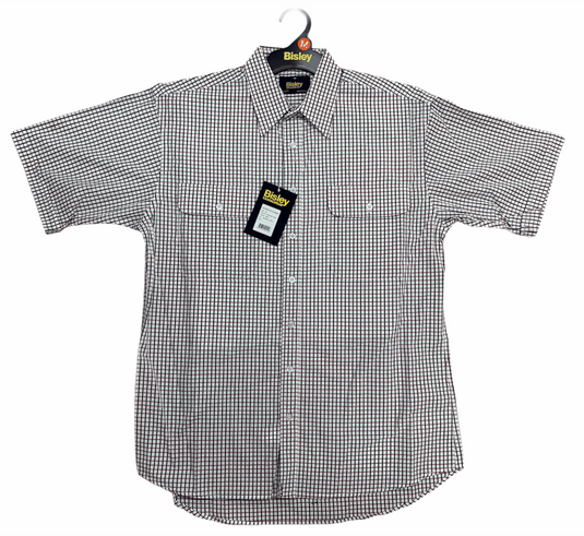 Bisley Mens Short Sleeve Check Shirt Checkered Cotton Blend Casual Business Work - Burgundy