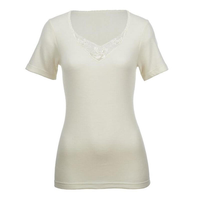 Ladies Merino Blend Thermal Tee – Lace Trim, Natural