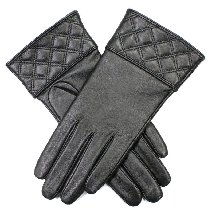 Dents Hazel Womens Leather Gloves w Quilted Cuffs Fleece Lining Genuine - Black