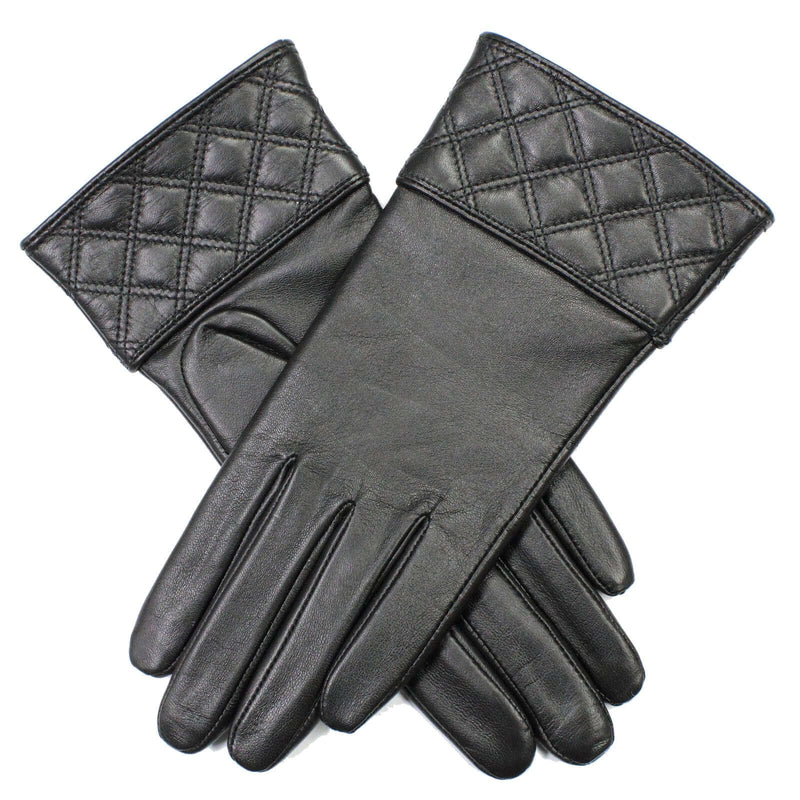 Load image into Gallery viewer, Dents Hazel Womens Leather Gloves w Quilted Cuffs Fleece Lining Genuine - Black
