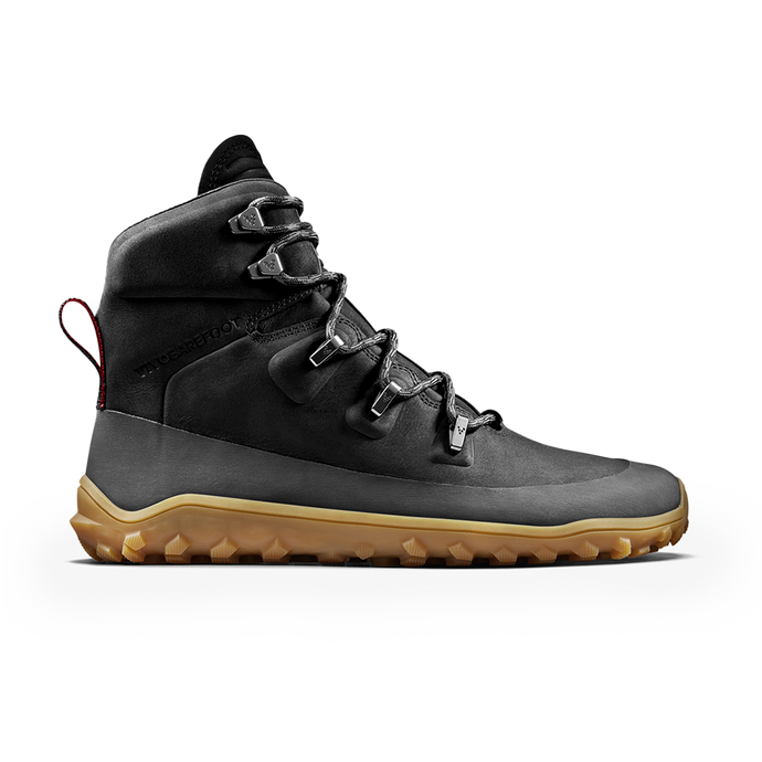 Vivobarefoot Tracker Leather AT women's obsidian trail boot featuring breathable design and durable All Terrain outsole.