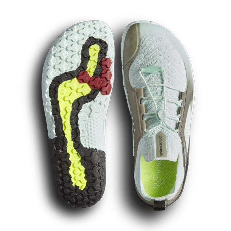 Load image into Gallery viewer, Vivobarefoot Primus Trail Knit FG women&#39;s shoe sole with unique tread design for trail running and hiking.
