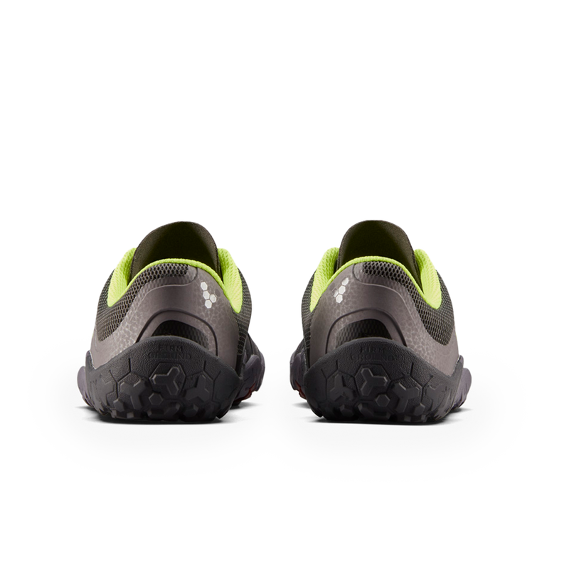 Load image into Gallery viewer, Vivobarefoot Primus Trail II FG women&#39;s shoes showing rear view with bright green accents and flexible sole for trail running.
