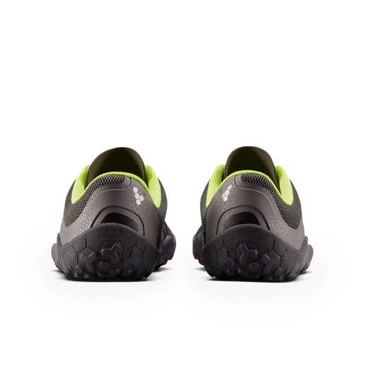 Vivobarefoot Primus Trail II FG women's shoes showing rear view with bright green accents and flexible sole for trail running.