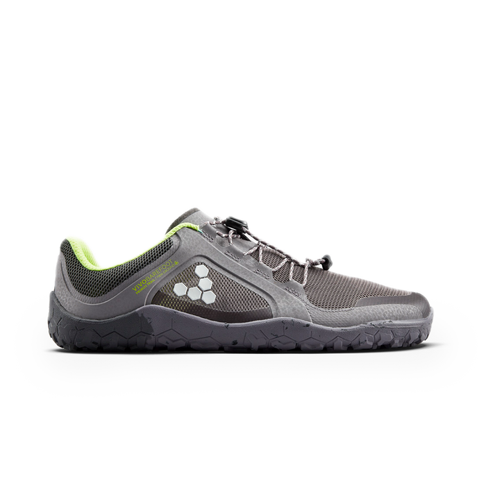 Vivobarefoot Primus Trail II FG Women's shoes in gray and green, designed for trail running and outdoor activities.