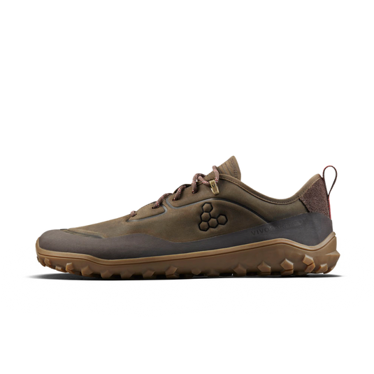 Vivobarefoot Tracker Leather Low women's hiking shoes in Bracken color, showcasing lightweight design and all-terrain outsole.