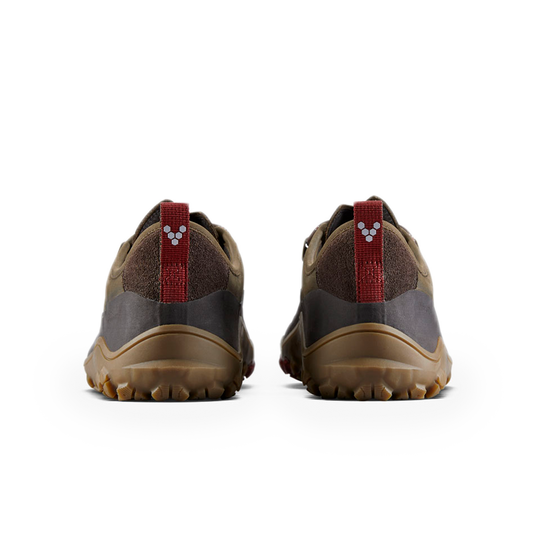 Rear view of Vivobarefoot Tracker Leather Low women's hiking shoes in bracken, featuring a durable outsole and breathable design.