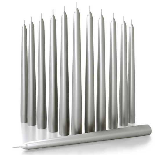 144x Tapered Dinner Candles Unscented Taper Wedding Candle 25cm in Metallic Silver-1