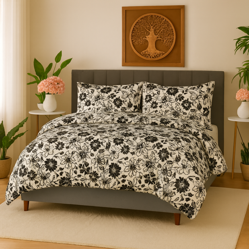Load image into Gallery viewer, King Comforter Full Set w/ Fitted Sheet, 4 Pillow Covers &amp; Comforter - Flowers Black/White (6 Piece Set)-1
