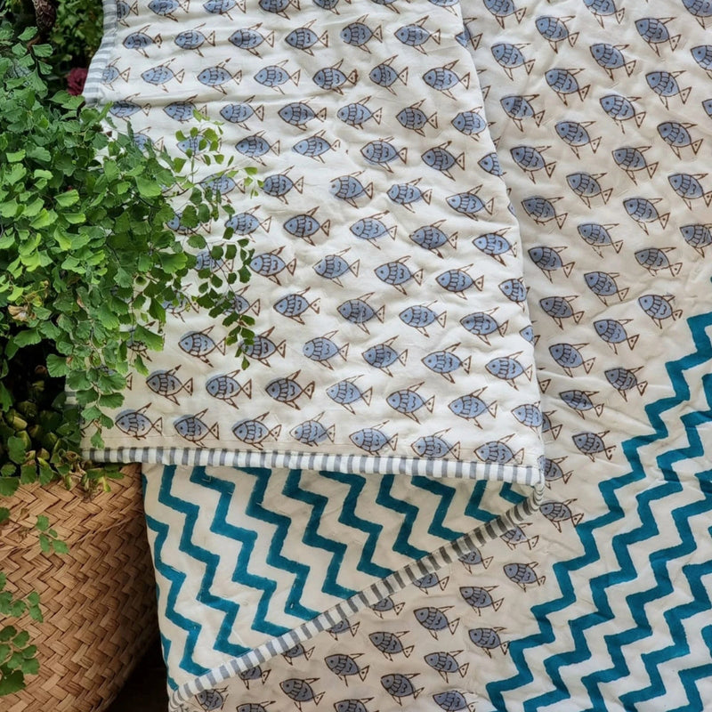 Load image into Gallery viewer, GOTS Certified Organic Cotton Reversible Baby Quilt (100x120cm) - Little Fish (Blue)
