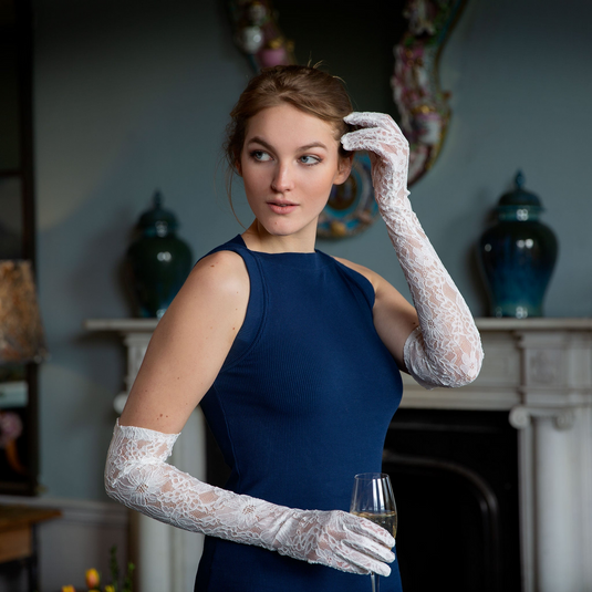 Dents Womens Long Opera Lace Gloves in Ivory-2