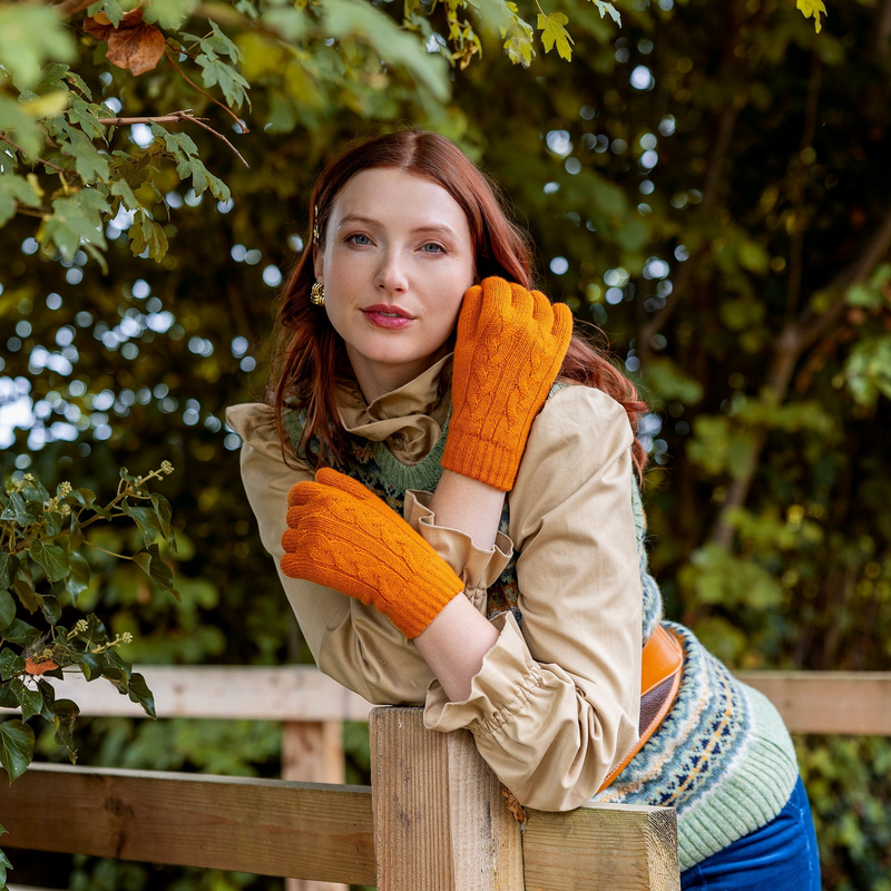 Load image into Gallery viewer, Dents Womens Cable Knit Cosy-Lined Gloves in Pumpkin Orange-4
