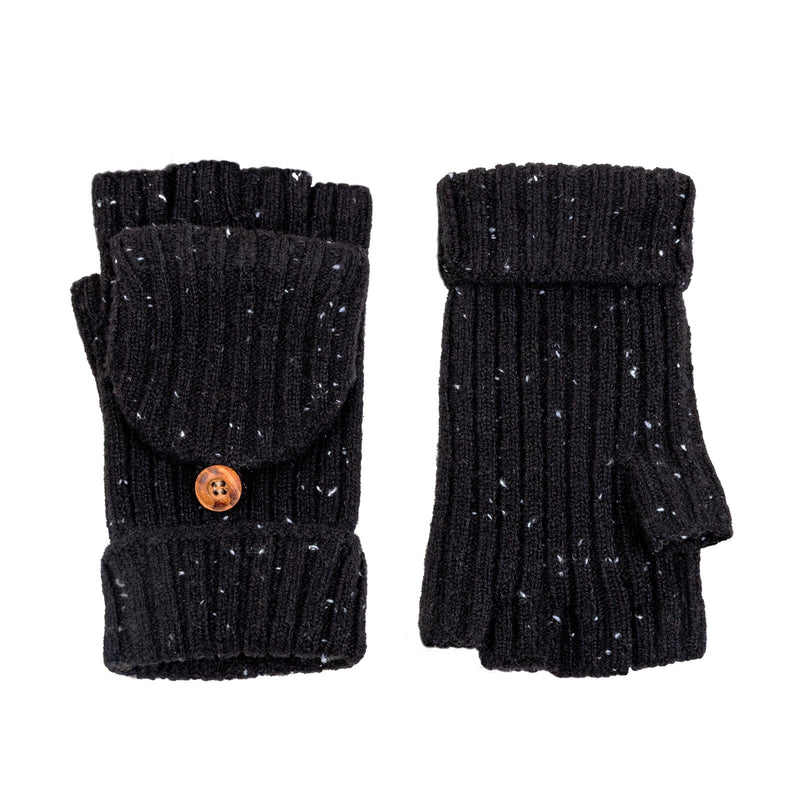 Load image into Gallery viewer, Dents Womens Ribbed Knit Wool Blend Fingerless Gloves with Marl Yarn and Mitten Flap in Black-2
