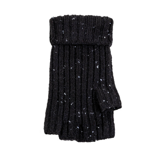 Dents Womens Ribbed Knit Wool Blend Fingerless Gloves with Marl Yarn and Mitten Flap in Black-4
