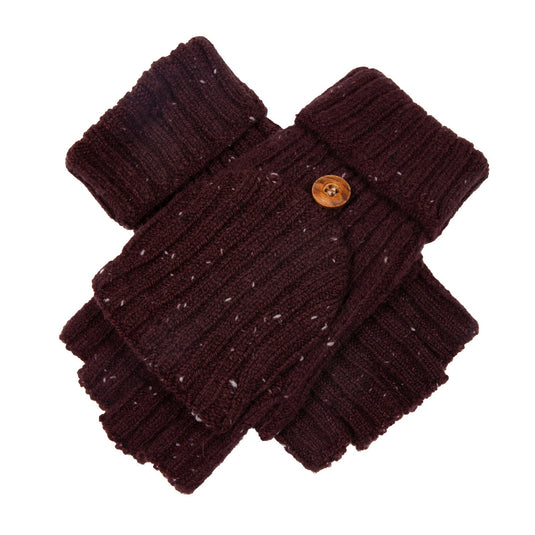 Dents Womens Ribbed Knit Wool Blend Fingerless Gloves with Marl Yarn and Mitten Flap in Burgundy-1