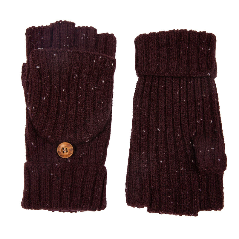 Load image into Gallery viewer, Dents Womens Ribbed Knit Wool Blend Fingerless Gloves with Marl Yarn and Mitten Flap in Burgundy-2
