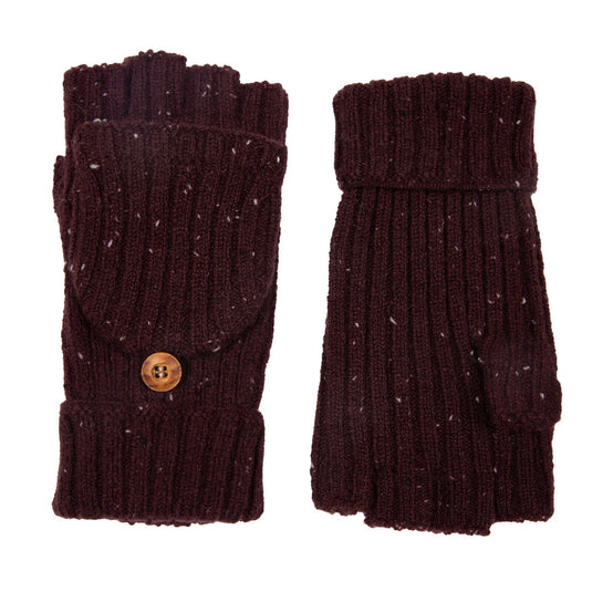 Dents Womens Ribbed Knit Wool Blend Fingerless Gloves with Marl Yarn and Mitten Flap in Burgundy-2